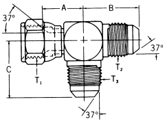 Steel Adapters, Female JIC 37 deg Flare Swivel Run To Male JIC 37 deg Flare Run & Branch, Tee