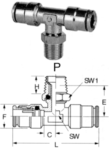 Brass Push>Connect Tube Fittings, Tube Run To Male NPT Swivel Branch, Tee