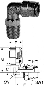 Brass Push>Connect Tube Fittings, Tube To Male NPT Swivel, 90 deg Elbow