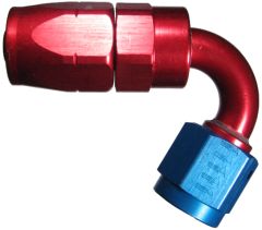 Red/Blue Anodized Aluminum Reusable Fittings for AQP & StartLite Racing Hose, Female JIC 37 deg Flare Swivel, 120 deg Elbow