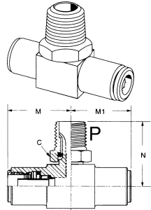 Brass Push>Connect Air Brake Tube Fittings, Tube Run To Male NPT Swivel Branch, Tee