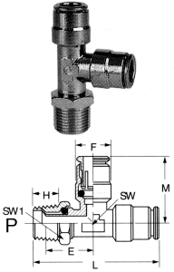 Brass Push>Connect Tube Fittings, Tube Run & Branch To Male NPT Swivel Run, Tee