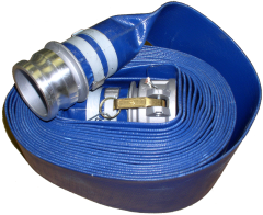 PVC Blue Lay Flat Water Discharge Hose Assembly, 2 I.D. x 50 FT Vinylflow VFL200X300, 65 PSI @ 70°F, Blue Hose, Aluminum female cam & groove coupler (Part C) one end, aluminum male cam & groove adapter (Part E) other end